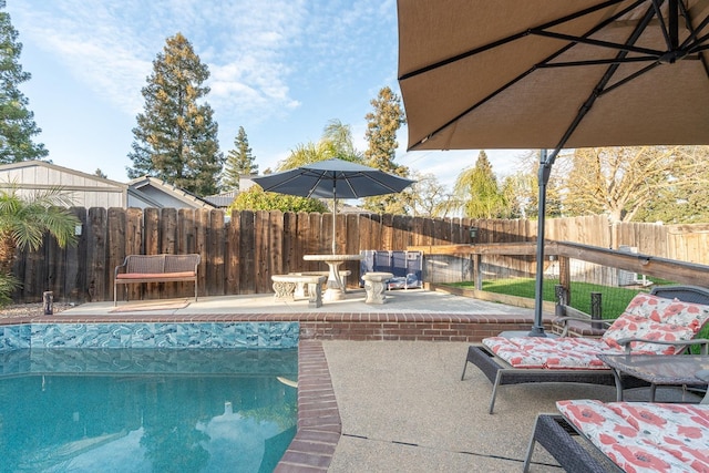 view of swimming pool featuring a fenced in pool, fence, and a patio area