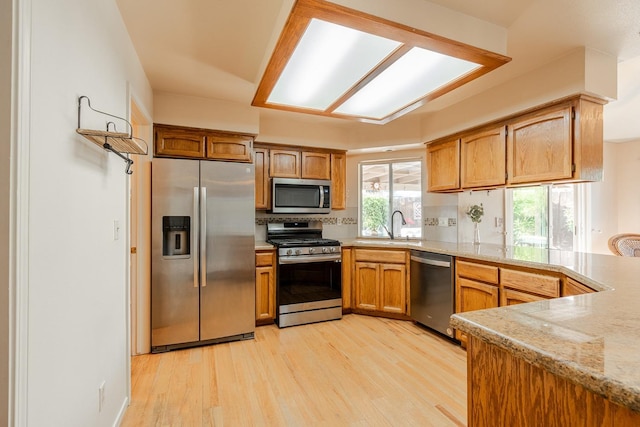 kitchen with a peninsula, a sink, stainless steel appliances, light wood-style floors, and backsplash