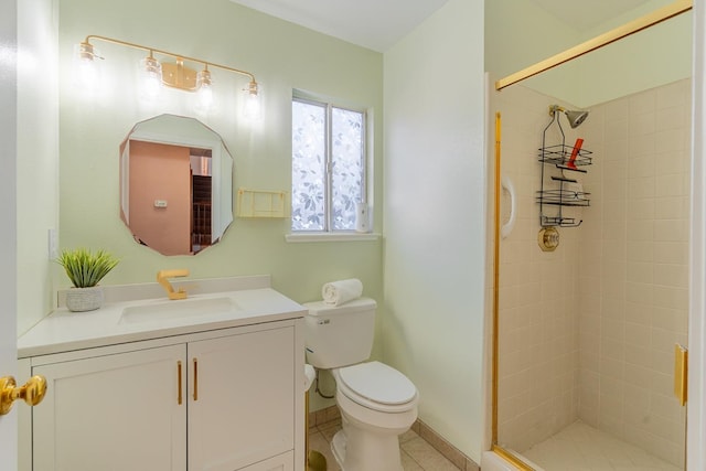 full bath featuring tile patterned floors, vanity, toilet, and a shower stall