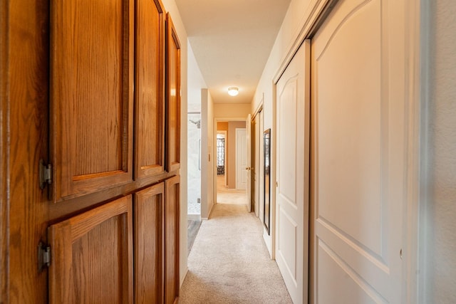 hallway featuring light carpet