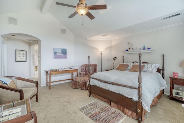 851 E Country View Cir, Fresno, CA 93730 - bedroom featuring carpet flooring, arched walkways, beamed ceiling, baseboards, and ceiling fan