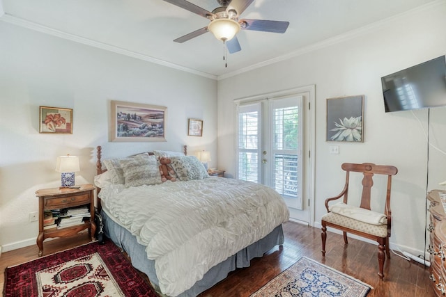 bedroom featuring access to exterior, crown molding, dark wood-type flooring, baseboards, and a ceiling fan