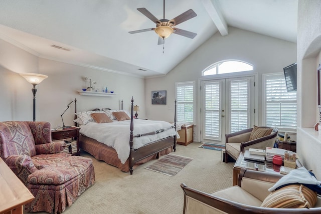 bedroom featuring visible vents, light carpet, a ceiling fan, access to exterior, and vaulted ceiling with beams