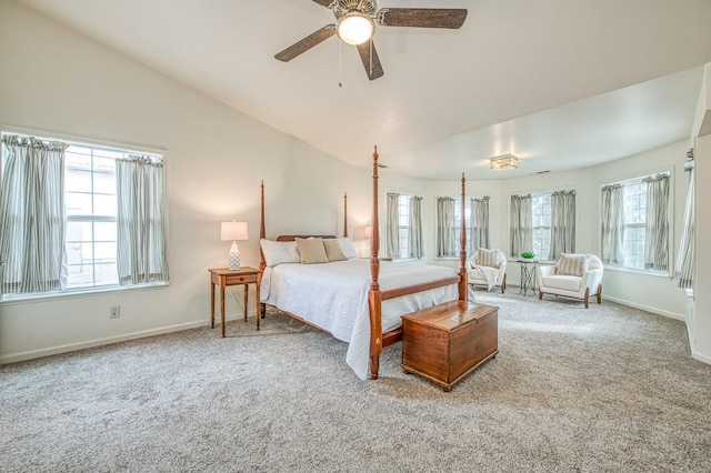 bedroom with baseboards, lofted ceiling, carpet, and ceiling fan