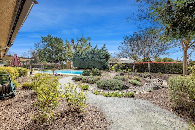 view of yard featuring a fenced in pool and fence