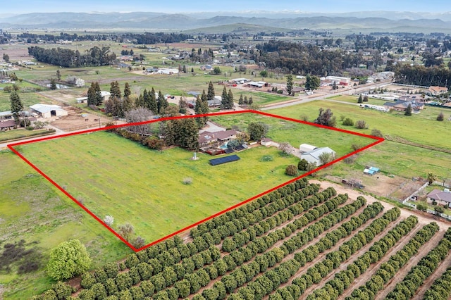 bird's eye view featuring a mountain view and a rural view