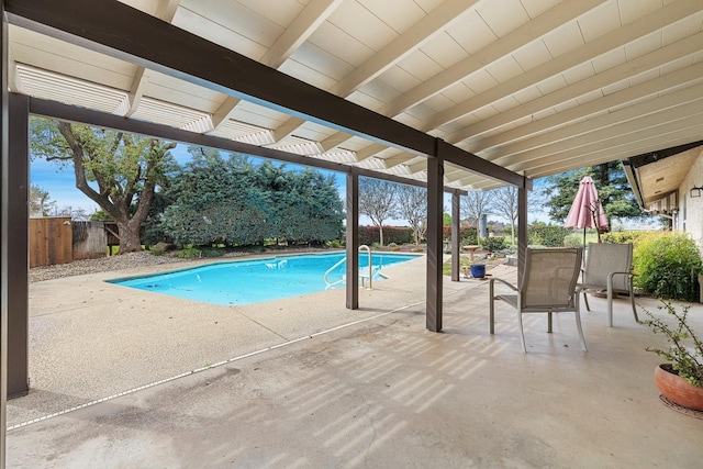 view of pool with a fenced in pool, a patio, a pergola, and fence