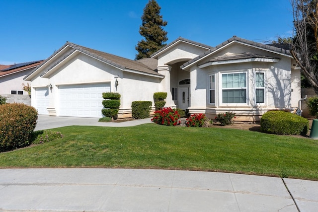 single story home with a front lawn, a tiled roof, stucco siding, a garage, and driveway