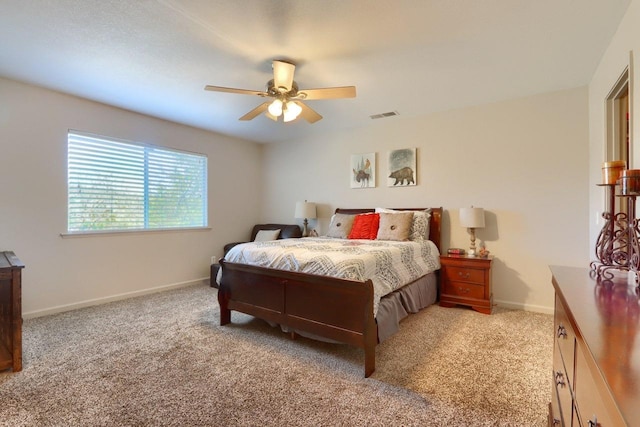29878 Deer Trail Ln, Coarsegold, CA 93614 - bedroom featuring visible vents, baseboards, a ceiling fan, and light colored carpet