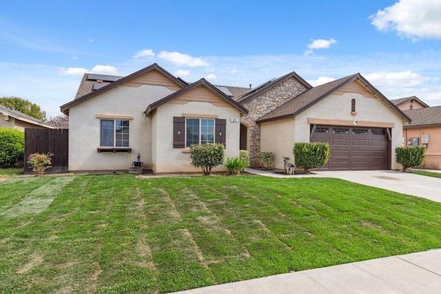 single story home with a front yard, stucco siding, driveway, stone siding, and an attached garage