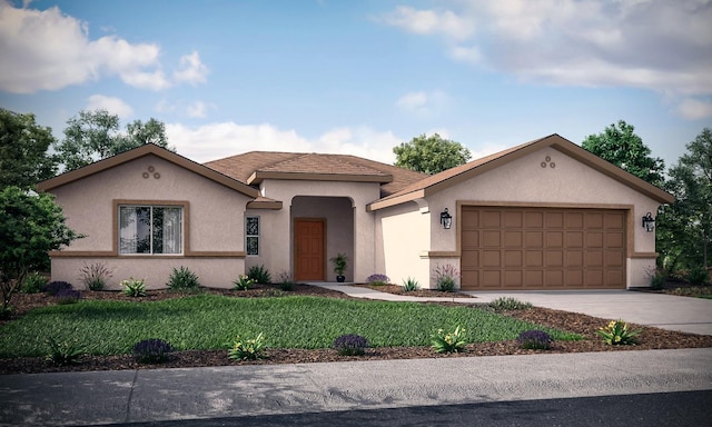 view of front facade featuring stucco siding, an attached garage, concrete driveway, and a front lawn