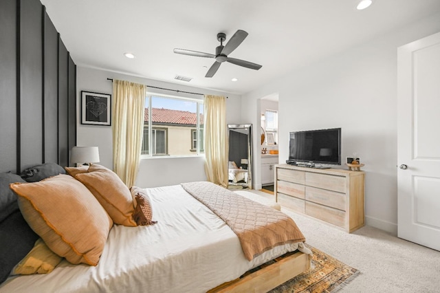 bedroom featuring visible vents, light carpet, recessed lighting, baseboards, and ceiling fan