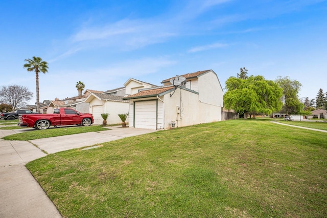 view of property exterior featuring stucco siding, a lawn, concrete driveway, and an attached garage