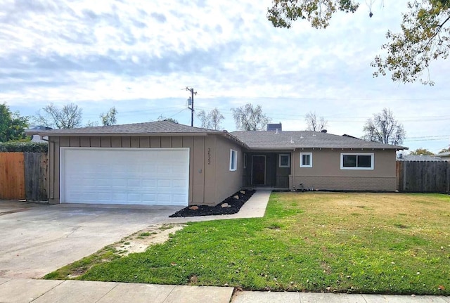 ranch-style house with brick siding, board and batten siding, an attached garage, and a front yard