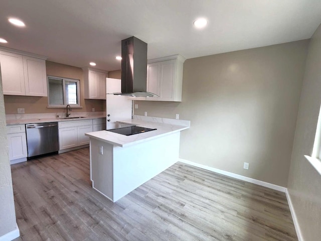 kitchen with a sink, stainless steel dishwasher, a peninsula, island range hood, and black electric stovetop