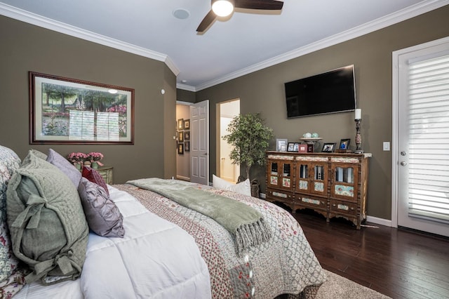 bedroom with crown molding, baseboards, dark wood-style flooring, and ceiling fan