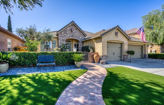 view of front of home with a garage, stone siding, concrete driveway, and stucco siding