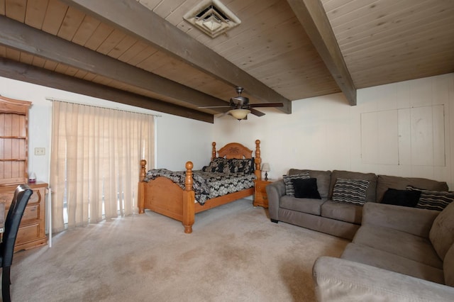 carpeted bedroom featuring wood ceiling, visible vents, and beamed ceiling