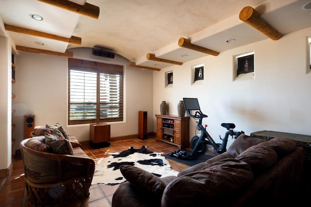 tiled living room featuring recessed lighting, baseboards, and vaulted ceiling with beams