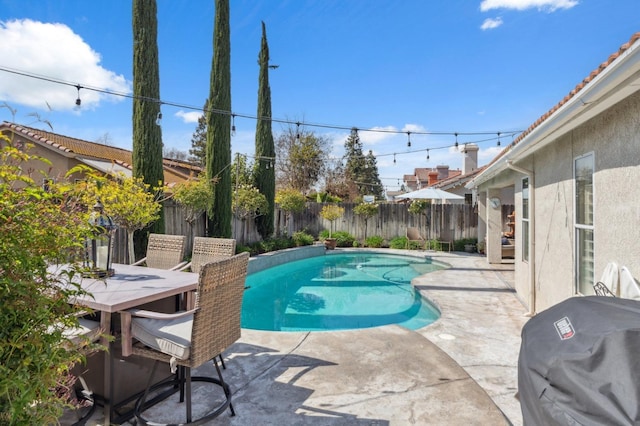 view of swimming pool featuring a patio area, a fenced in pool, a fenced backyard, and grilling area