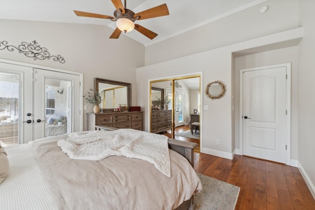 bedroom with french doors, baseboards, lofted ceiling, and wood-type flooring