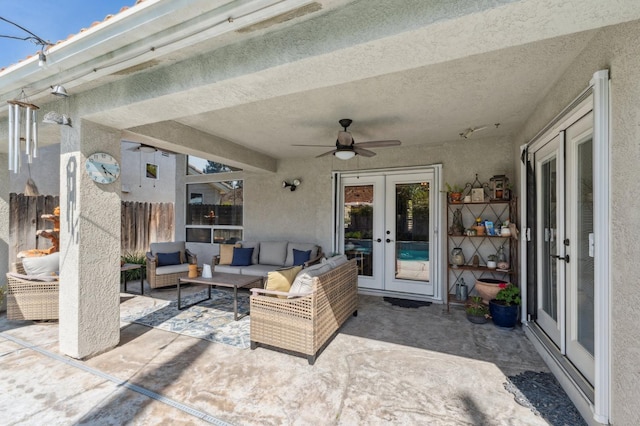 view of patio with french doors, an outdoor hangout area, a ceiling fan, and fence