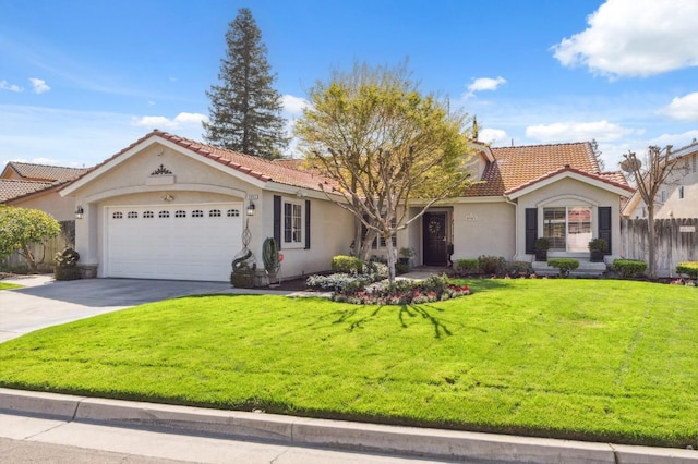 mediterranean / spanish house with stucco siding, an attached garage, a tile roof, and concrete driveway