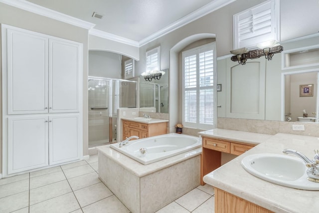 full bath with tile patterned floors, two vanities, a stall shower, a sink, and crown molding