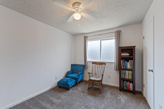 3213 Clogston Way, Modesto, CA 95354 - living area featuring a textured ceiling, a ceiling fan, carpet, and baseboards