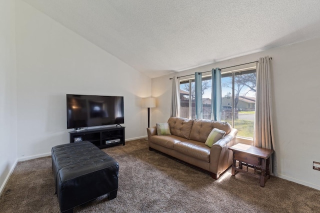 living area featuring vaulted ceiling, carpet floors, and a textured ceiling