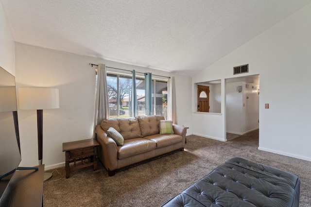 3213 Clogston Way, Modesto, CA 95354 - living area featuring carpet, a textured ceiling, vaulted ceiling, and baseboards