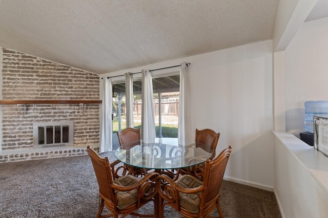 3213 Clogston Way, Modesto, CA 95354 - carpeted dining space with a textured ceiling, vaulted ceiling, baseboards, and a brick fireplace