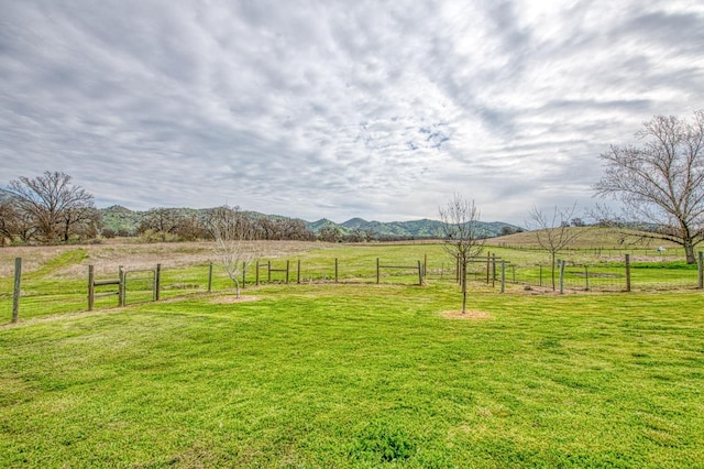 view of yard featuring a mountain view, a rural view, and fence