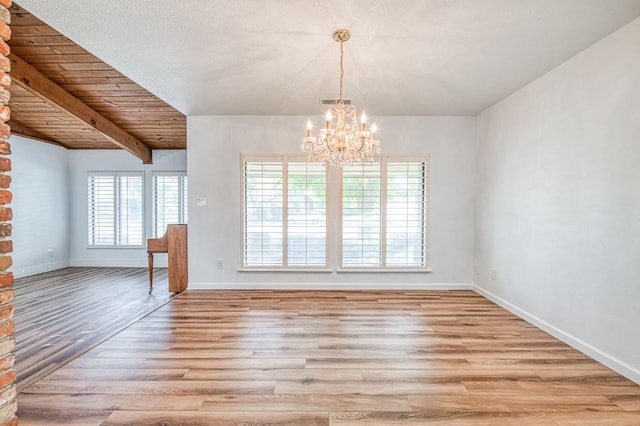 unfurnished dining area featuring wood ceiling, baseboards, light wood-type flooring, and an inviting chandelier