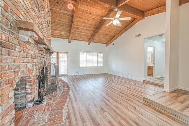 unfurnished living room with a ceiling fan, wood finished floors, visible vents, high vaulted ceiling, and beamed ceiling