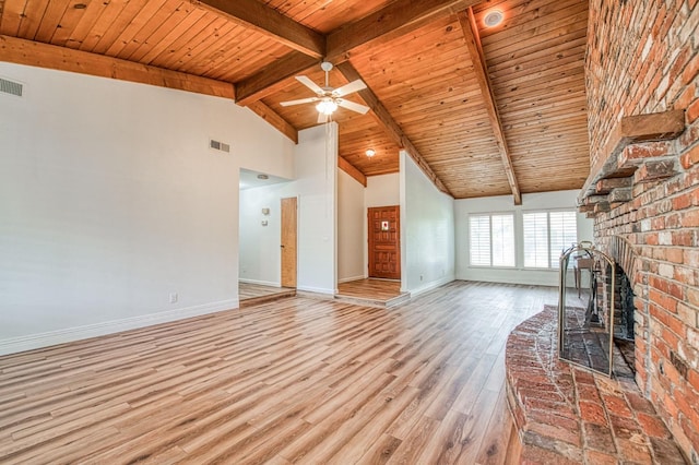 unfurnished living room featuring wooden ceiling, high vaulted ceiling, wood finished floors, and beam ceiling