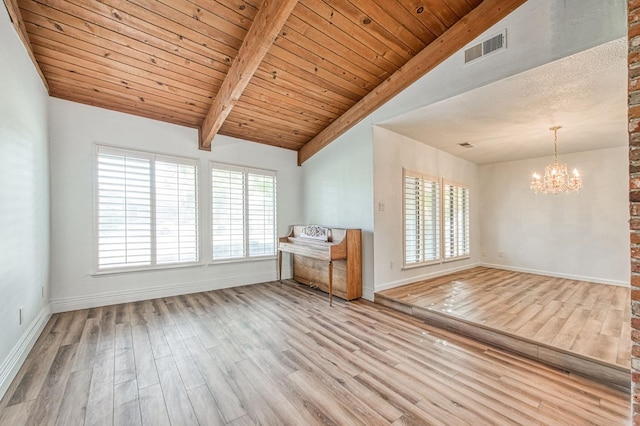 unfurnished room featuring a notable chandelier, visible vents, lofted ceiling with beams, and wood finished floors