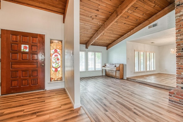 entrance foyer with visible vents, baseboards, wood ceiling, beam ceiling, and wood finished floors