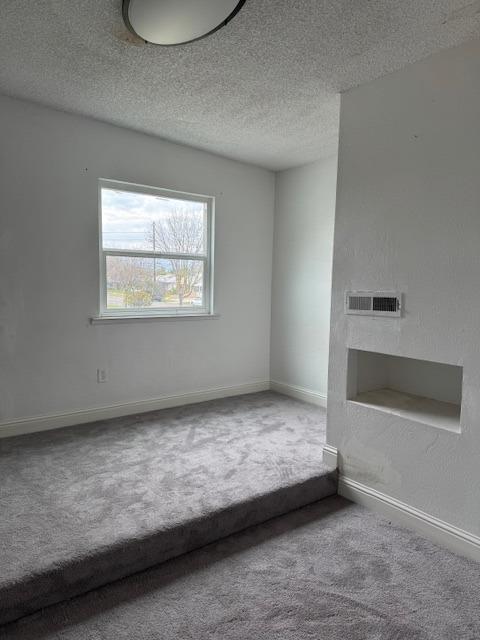 spare room with baseboards, visible vents, a textured ceiling, and carpet