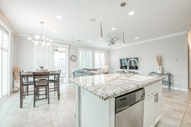 kitchen featuring dishwasher, ornamental molding, light tile patterned floors, and a sink