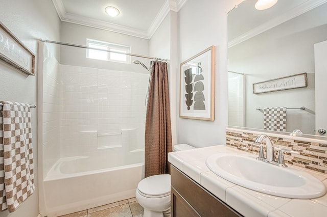 full bathroom featuring shower / bath combo with shower curtain, toilet, ornamental molding, tasteful backsplash, and vanity