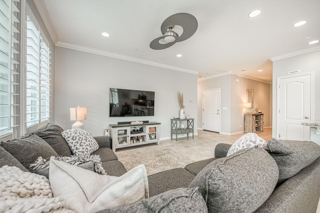 living room with recessed lighting, ornamental molding, a ceiling fan, and tile patterned flooring