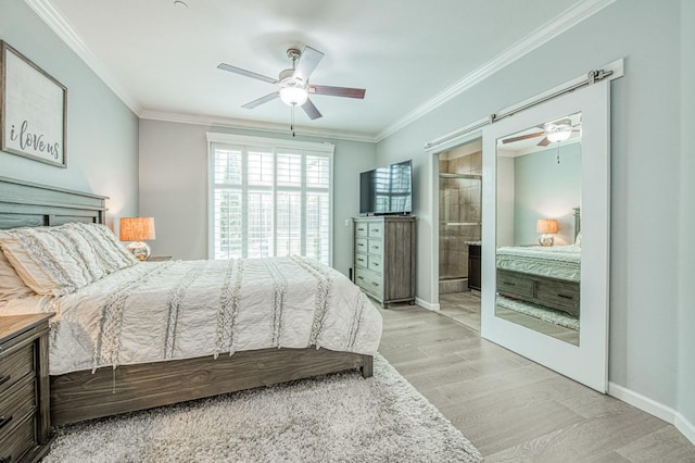 bedroom with crown molding, a ceiling fan, baseboards, and light wood finished floors