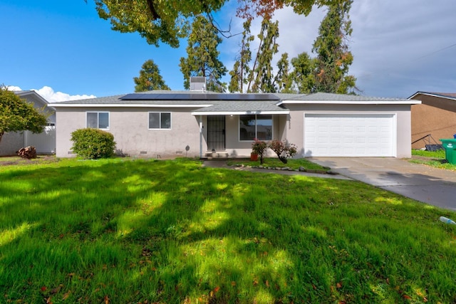 single story home featuring stucco siding, a front lawn, and an attached garage