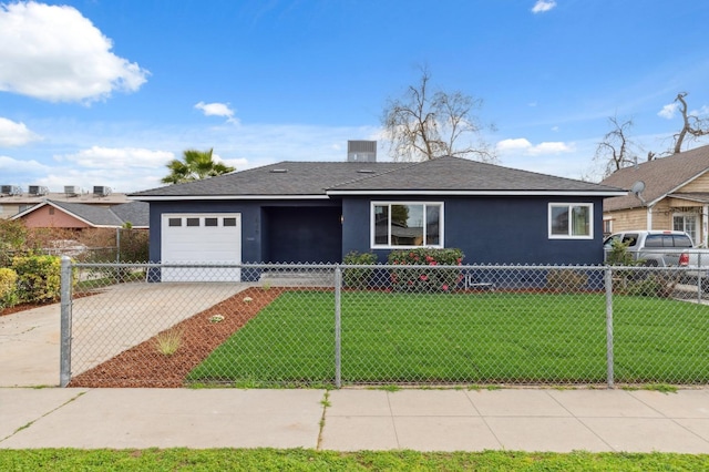 view of front of house with stucco siding, driveway, a front lawn, a fenced front yard, and an attached garage