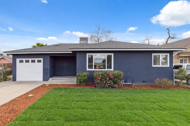 single story home featuring a front yard, a garage, driveway, and stucco siding