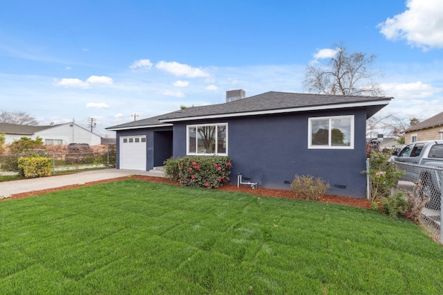 view of front of home featuring a front yard, fence, driveway, an attached garage, and crawl space