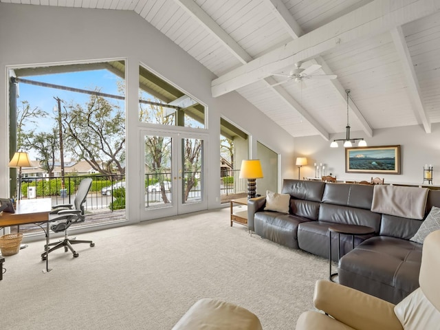 living room with beam ceiling, high vaulted ceiling, a ceiling fan, and carpet floors