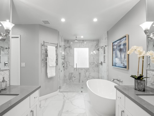 bathroom with visible vents, a marble finish shower, a freestanding tub, recessed lighting, and marble finish floor