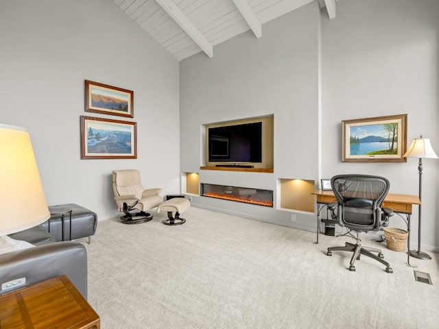 office with baseboards, carpet, beamed ceiling, wood ceiling, and high vaulted ceiling